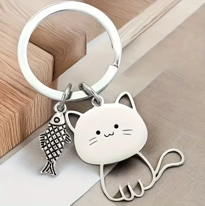 Porte clefs en acier inoxydable argenté chat poisson 88078 - Photo 3