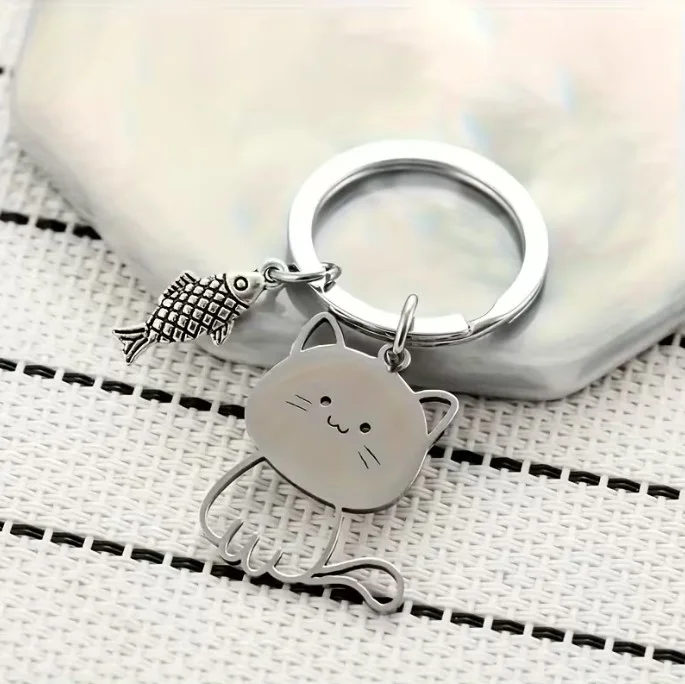 Porte clefs en acier inoxydable argenté chat poisson 88078 - Photo 2