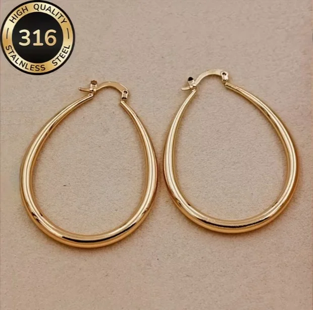 Boucles d'oreille créoles ovales femme acier inoxydable doré 42 mm 35982 - Photo 3