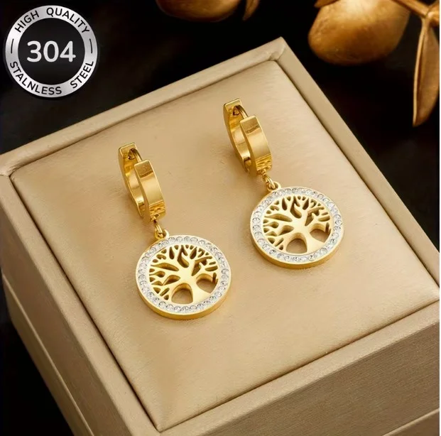 Boucles d'oreille dormeuse femme acier inoxydable doré strass ARBRE DE VIE 13955 - Photo 4