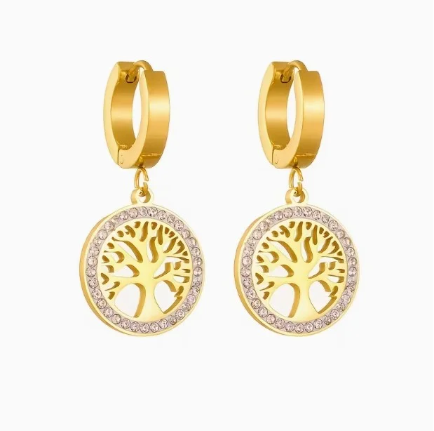 Boucles d'oreille dormeuse femme acier inoxydable doré strass ARBRE DE VIE 13955