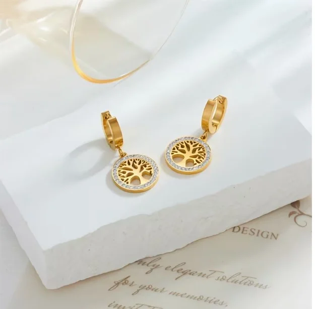 Boucles d'oreille dormeuse femme acier inoxydable doré strass ARBRE DE VIE 13955 - Photo 2