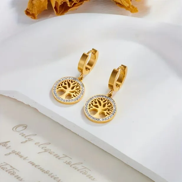 Boucles d'oreille dormeuse femme acier inoxydable doré strass ARBRE DE VIE 13955 - Photo 3