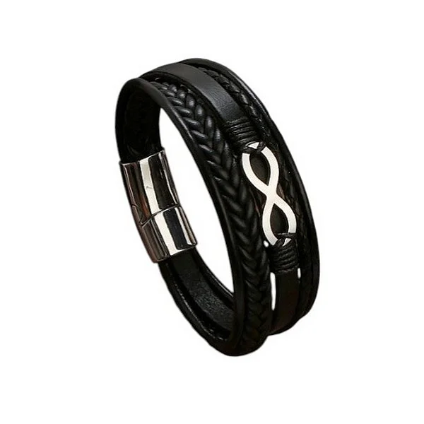 Bracelet homme cuir tressé noir et acier argenté INFINI 38394