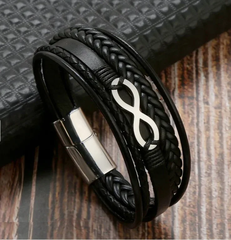 Bracelet homme cuir tressé noir et acier argenté INFINI 38394 - Photo 2