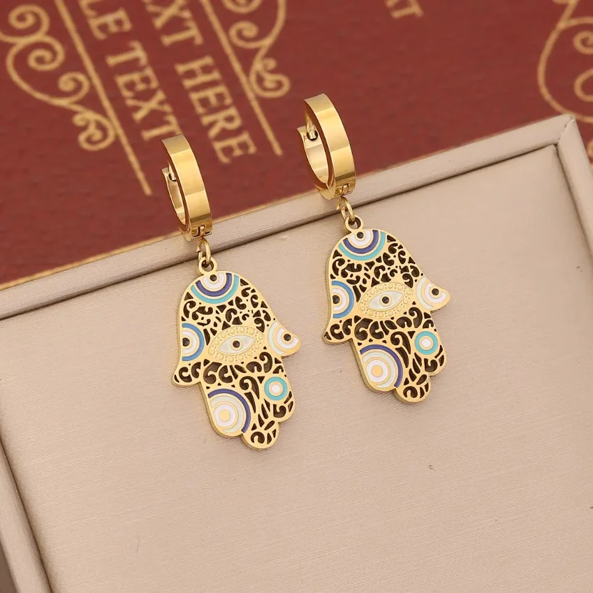Boucles d'oreille dormeuse femme acier inoxydable doré MAUVAIS OEIL - Photo 2