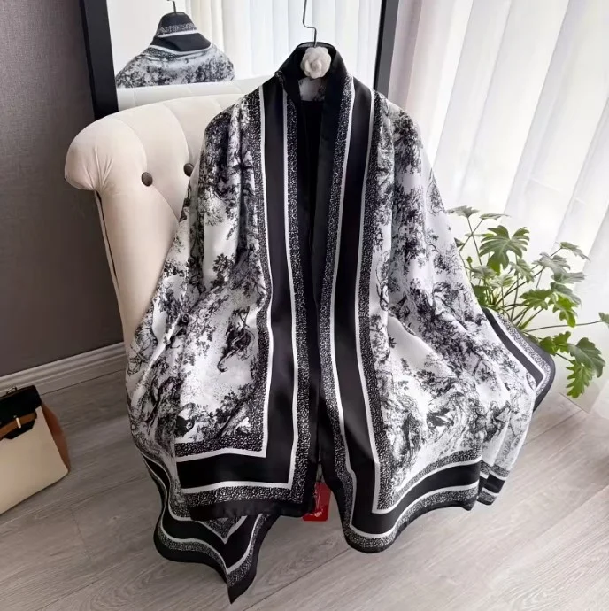 Foulard long femme 180 x 90 cm Polyester effet soie JUNGLE NOIR BLANC 130023 - Photo 2