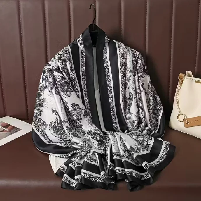 Foulard long femme 180 x 90 cm Polyester effet soie JUNGLE NOIR BLANC 130023 - Photo 3