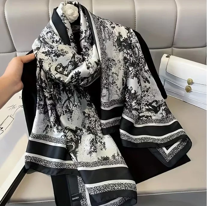 Foulard long femme 180 x 90 cm Polyester effet soie JUNGLE NOIR BLANC 130023 - Photo 4