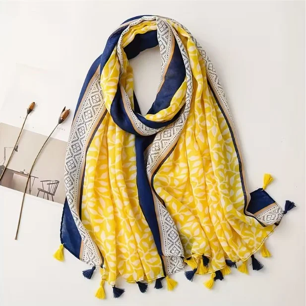 Châle écharpe femme à pompons polyester 85 x 180 cm JAUNE BLEU 178799 - Photo 2