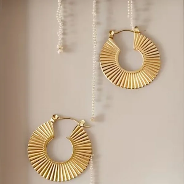 Boucles d'oreille créoles rondes striée femme acier inoxydable doré 25 mm 215182 - Photo 2