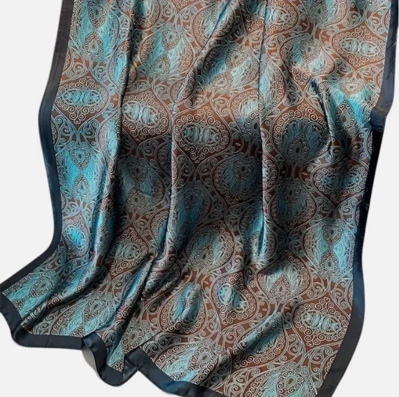 Foulard long femme 180 x 90 cm Polyester effet soie Marron turquoise - Photo 1