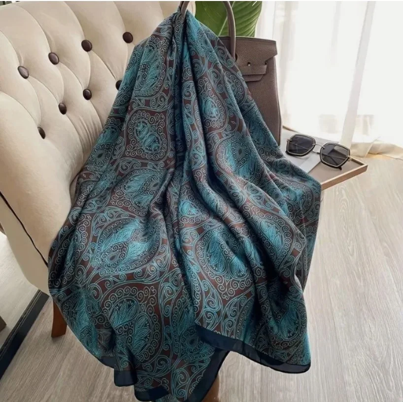 Foulard long femme 180 x 90 cm Polyester effet soie Marron turquoise - Photo 2