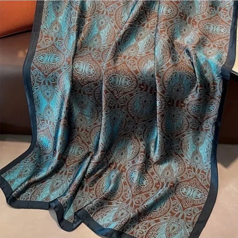 Foulard long femme 180 x 90 cm Polyester effet soie Marron turquoise - Photo 4