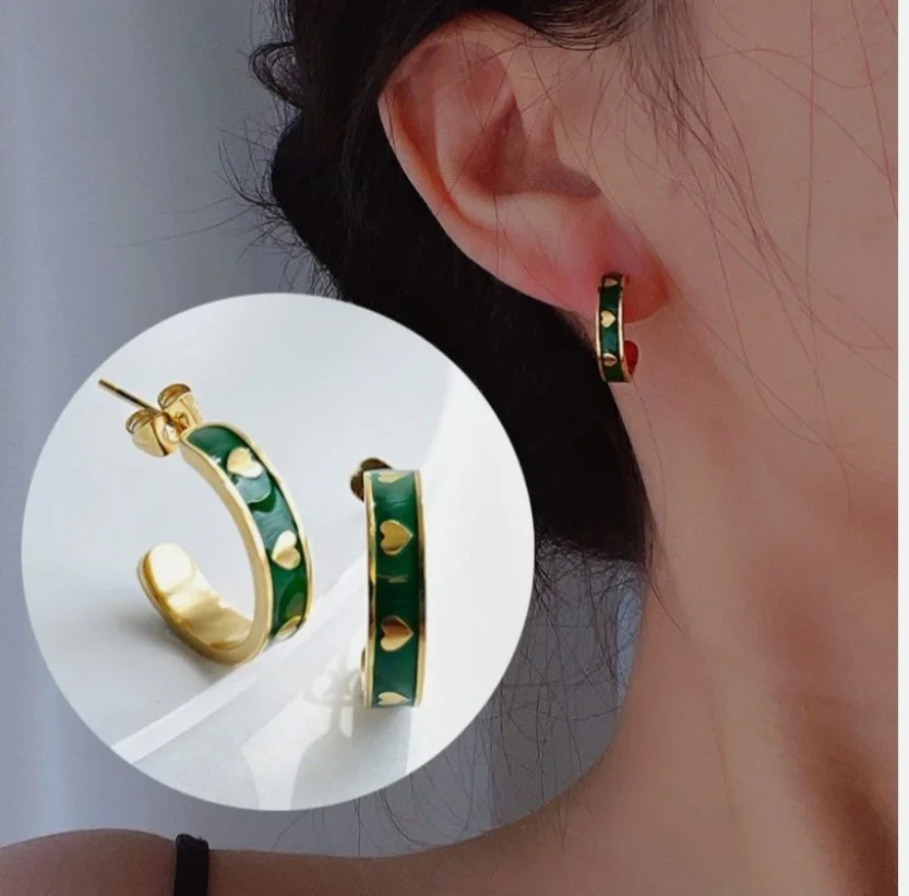 Boucles d'oreille demie créole femme acier inoxydable doré et émail vert BO 326 - Photo 1