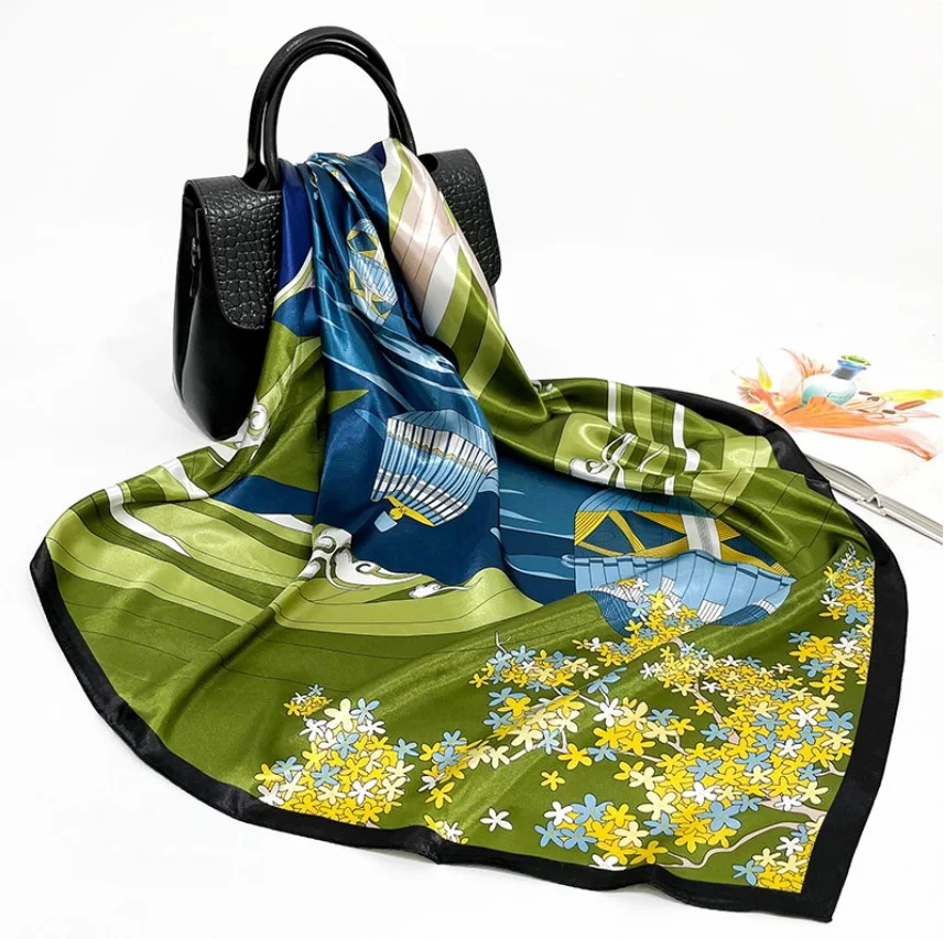 Foulard carré femme 90 x 90 cm Polyester FLEURI JAUNE VERT 29918