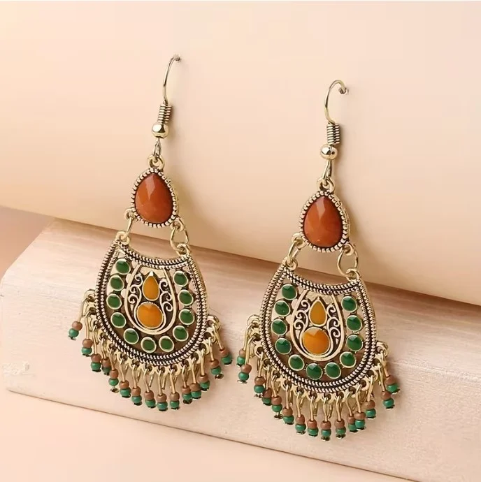 Boucles d'oreille pendante femme alliage doré vieilli perles bleu VINTAGE BOHEME 50984