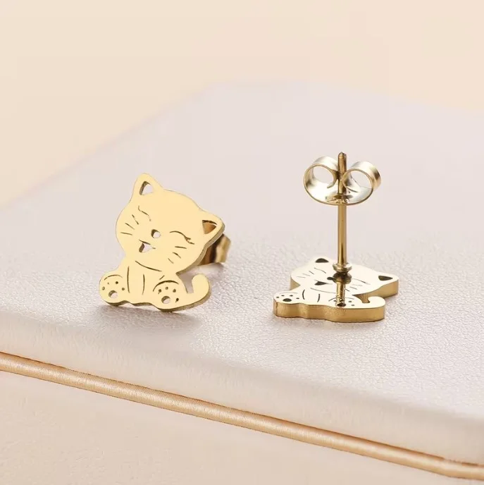 Boucles d'oreilles enfant femme puce acier inoxydable doré CHAT - Photo 2