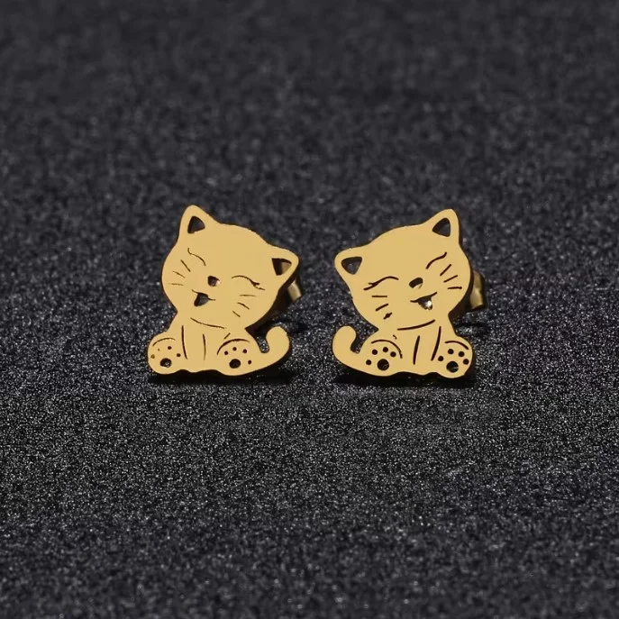 Boucles d'oreilles enfant femme puce acier inoxydable doré CHAT