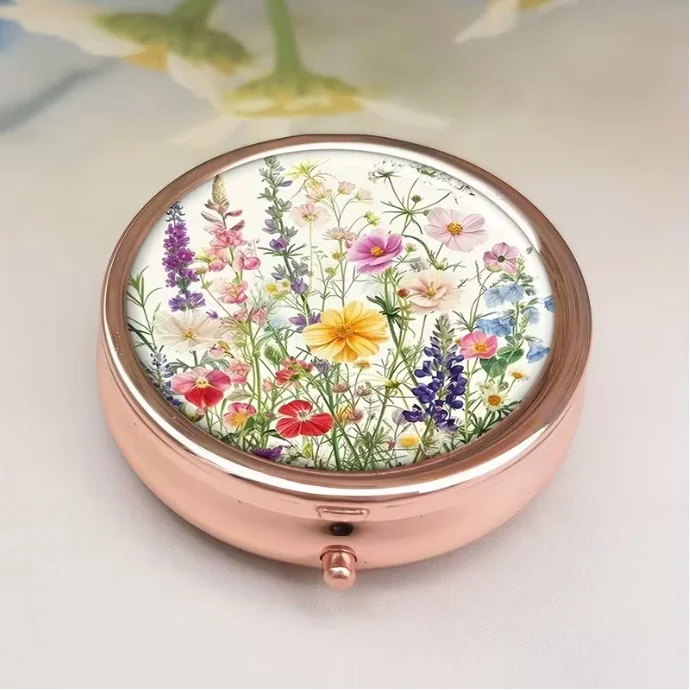 Pilulier boite à médicaments de poche rond cuivre CHAMP DE FLEURS - Photo 3