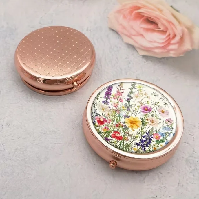 Pilulier boite à médicaments de poche rond cuivre CHAMP DE FLEURS - Photo 2