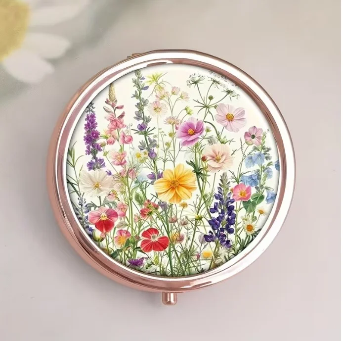 Pilulier boite à médicaments de poche rond cuivre CHAMP DE FLEURS - Photo 4