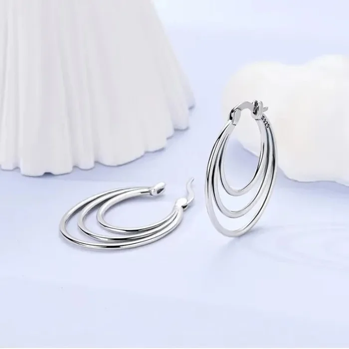Boucles d'oreille trois créoles ovale femme argent 925 28 x 20 mm KTE 422 - Photo 2