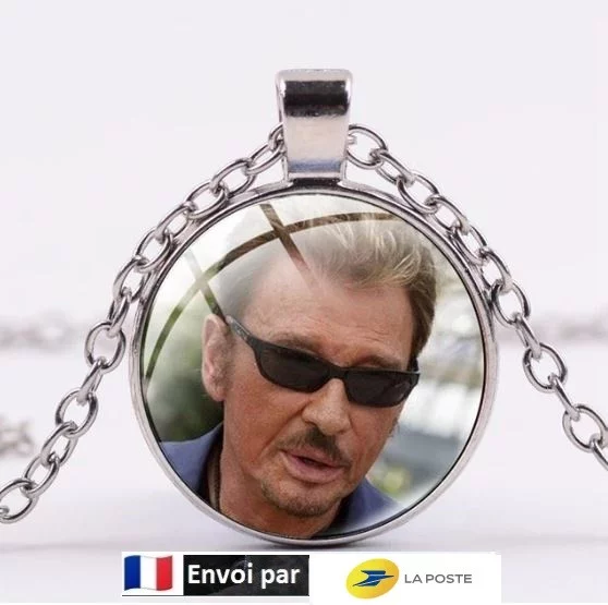 Collier Hommage avec pendentif rond Johnny Hallyday