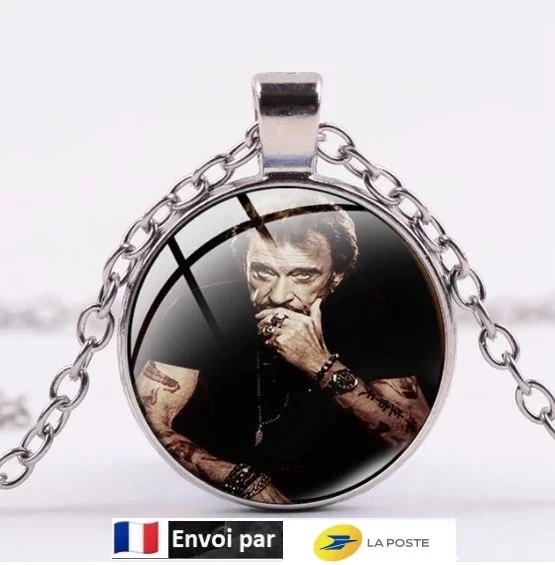 Collier Hommage avec pendentif rond Johnny Hallyday