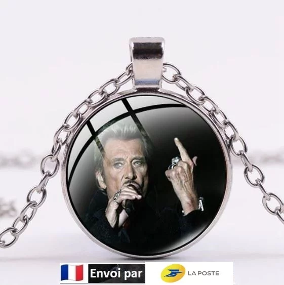 Collier Hommage avec pendentif rond Johnny Hallyday