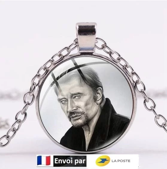 Collier Hommage avec pendentif rond Johnny Hallyday