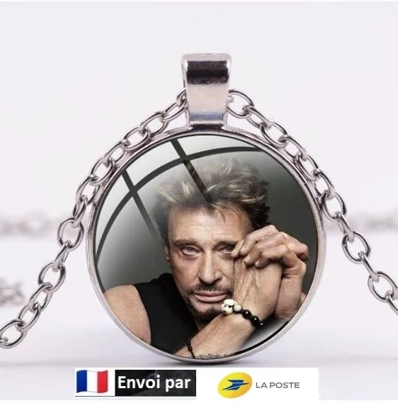 Collier Hommage avec pendentif rond Johnny Hallyday