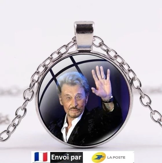Collier Hommage avec pendentif rond Johnny Hallyday