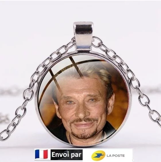 Collier Hommage avec pendentif rond Johnny Hallyday