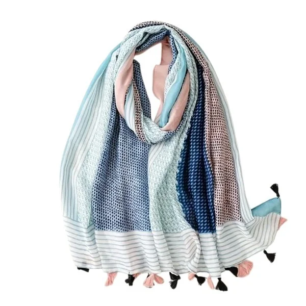 Châle Etole femme rectangle à pompons polyester 80 x 180 cm BLEU ROSE RAYURES