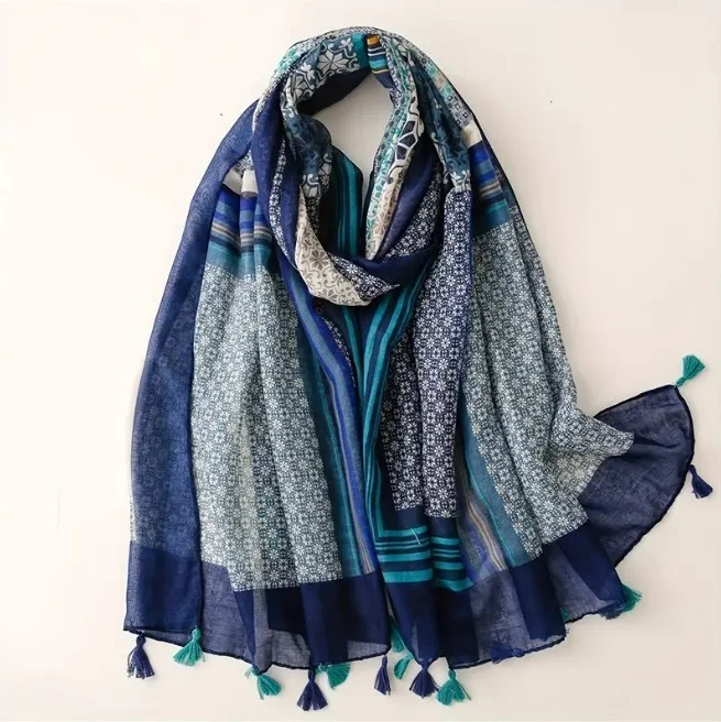 Châle Etole femme rectangle à pompons polyester 90 x 180 cm BLEU TURQUOISE