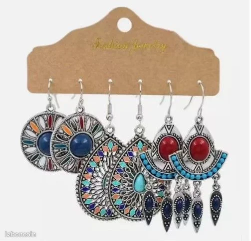 3 paires de boucles d'oreille argenté vieilli femme assorties style ethnique A