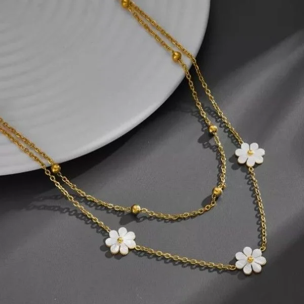 Collier pendentif femme acier inoxydable plaqué or fleur nacre - Photo 3