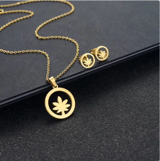 Ensemble collier pendantif et boucles d'oreille puce acier inoxydable doré PALMIER - Photo 1