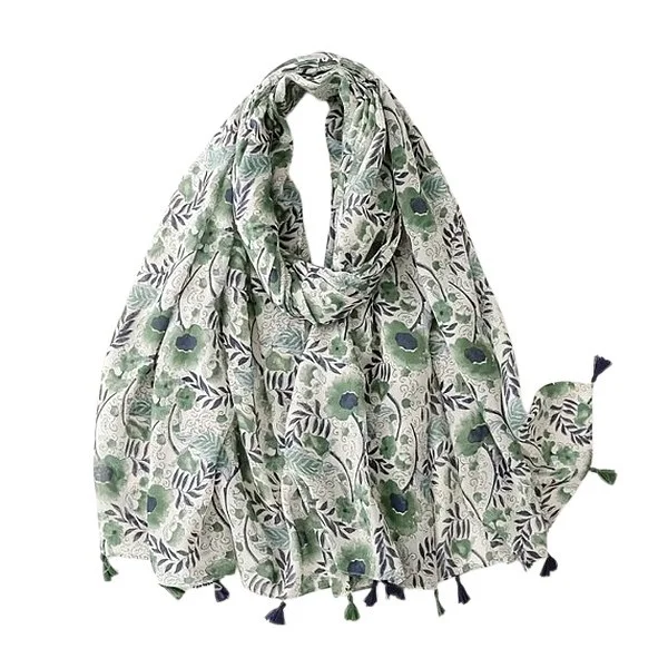 Châle Etole femme rectangle à pompons polyester 80 x 180 cm FLEUR VERTE FEUILLAGE