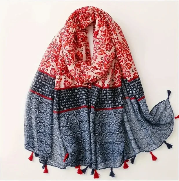 Châle Etole femme rectangle à pompons polyester 90 x 180 cm Géométrie fleur rouge bleu