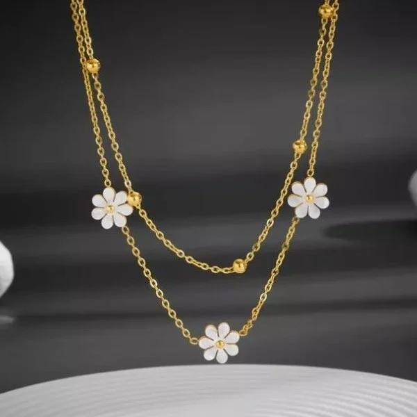 Collier pendentif femme acier inoxydable plaqué or fleur nacre - Photo 1