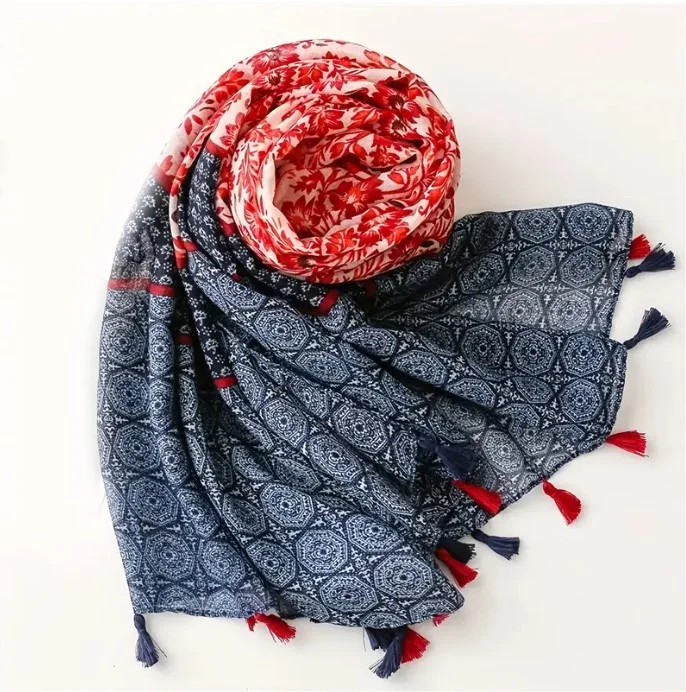 Châle Etole femme rectangle à pompons polyester 90 x 180 cm Géométrie fleur rouge bleu - Photo 2