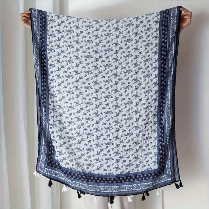 Châle Etole femme rectangle à pompons polyester 80 x 180 cm BLEU - Photo 3