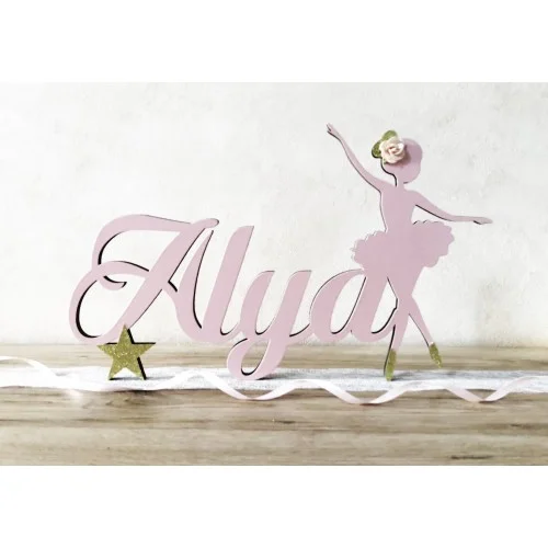 Prénom à poser en bois avec danseuse, or et rose - ballerine, danseuse étoile - Super sjp