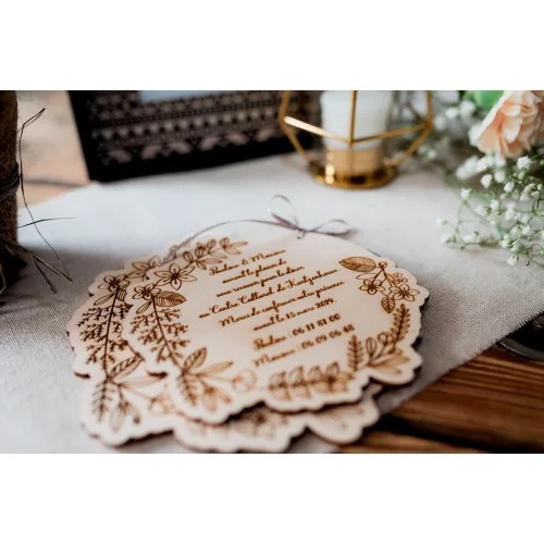 Faire-part double de mariage en bois, style champêtre et bohème, avec carton d'invitation pour le repas - double faire - Super sjp
