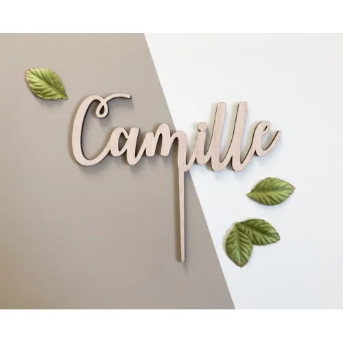 Cake topper sur 1 ligne avec prénom à personnaliser, écriture moderne, bois ou plexiglas - Photo 1