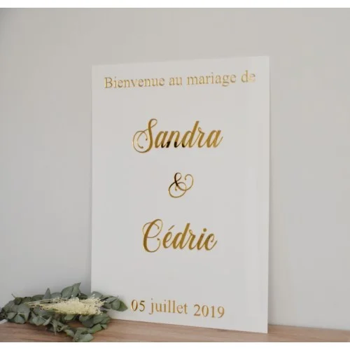 Panneau de bienvenue mariage 3D en plexiglas blanc et or miroir - Photo 1
