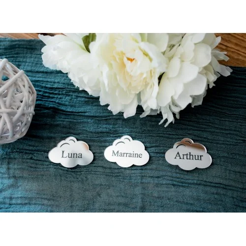 Marque place en plexiglas en forme de nuage - marque-place gravé à thème pour mariage, anniversaire, baptême avec écriture manuscrite - décoration de table - Super sjp