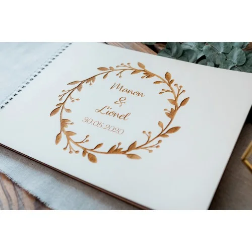Livre d'or à personnaliser thème couronne végétale avec couverture en bois pour mariage, anniversaire ou baptême - Super sjp